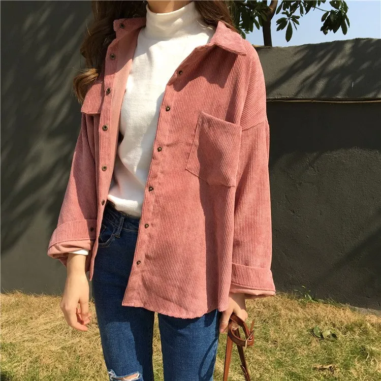 2 Colors 2018 Autumn Women Loose Jackets Korean Long Sleeve Corduroy Jackets Outwear Casual Pocket Solid Jackets