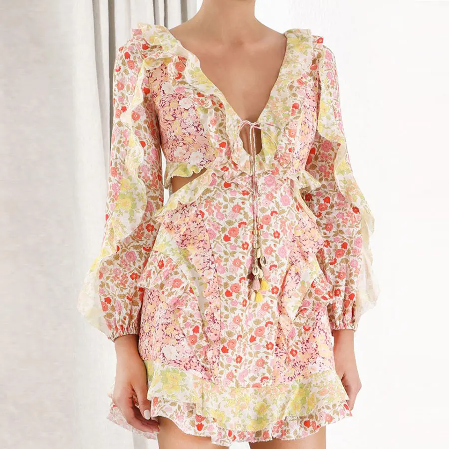 

2019 New Arrival Women Dress Flower Printed Sexy V-neck Ruffled Dress Women Long Sleeve Holiday and Vocation Sexy Dress