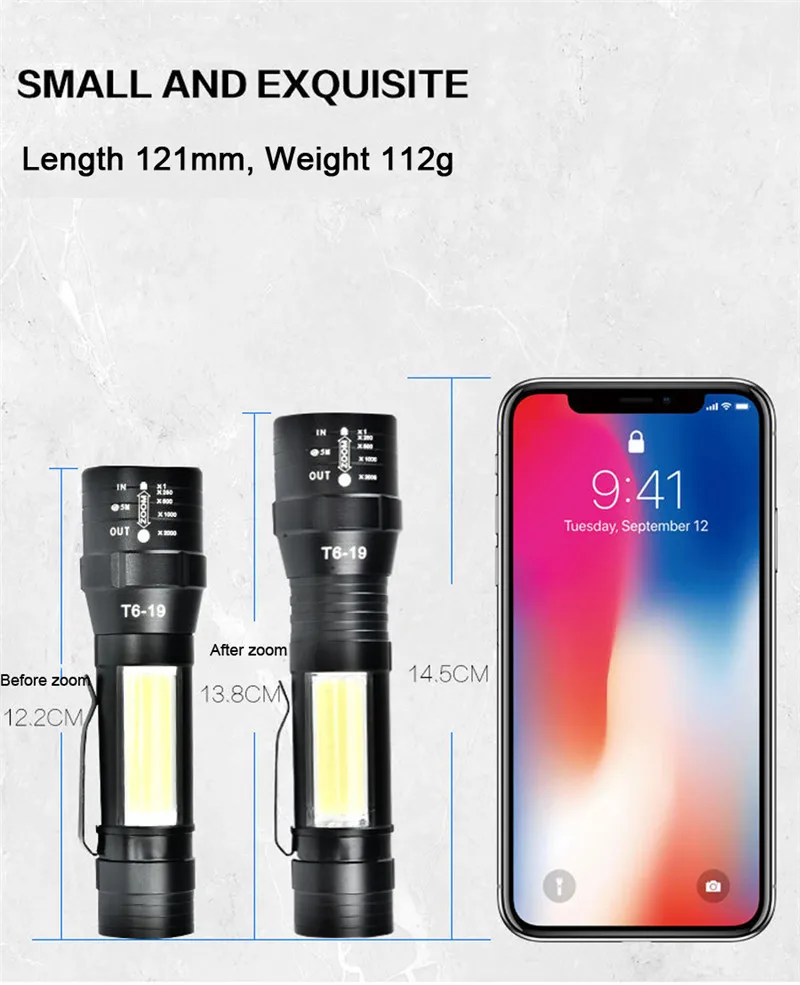 Портативный мини T6+ COB 4 режима фонарик USB Перезаряжаемые Масштабируемые лицевая сторона светло-Алюминий сплав открытый светодиодные фонари