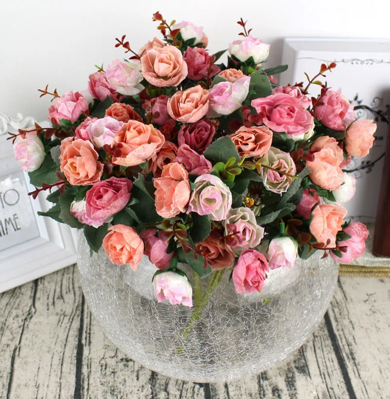 Flone Artificial Silk Rose Bouquet Fake Flowers Home Wedding Display Flower European Rose Small Bouquet Party Decoration (25)