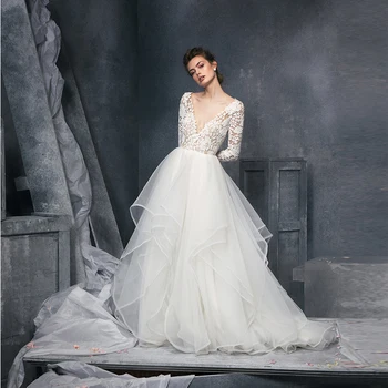 

Verngo 2021 Korea A Line Wedding Dress Lace Long Sleeves V Neck Bride Gowns Ruffles Organza Elegant Bridal Dress Vestido noiva