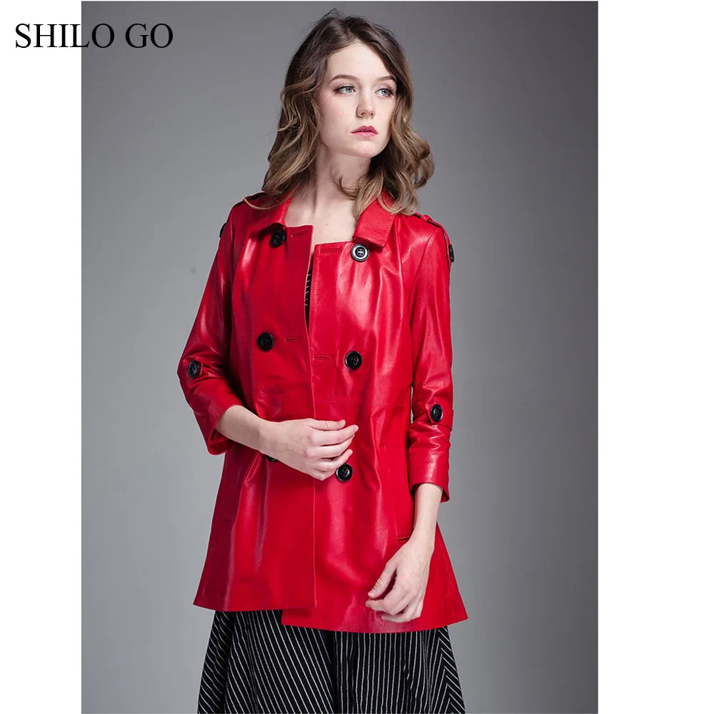 SHILO GO кожаный Тренч Осенняя мода Овчина натуральная кожа длинное пальто с лацканами двубортные с пуговицами Epaulet красная юбка пальто