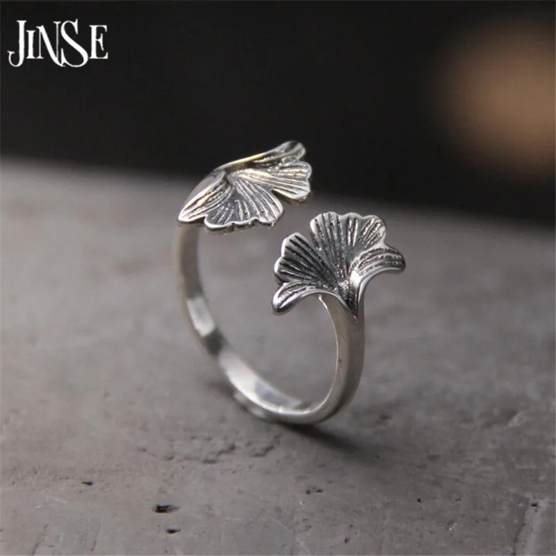 

JINSE DIY Handmade Double Leaves Retro Style Geometric Ginkgo biloba s925 Sterling Silver Open Ring For Women Hot 12.44mm 2G