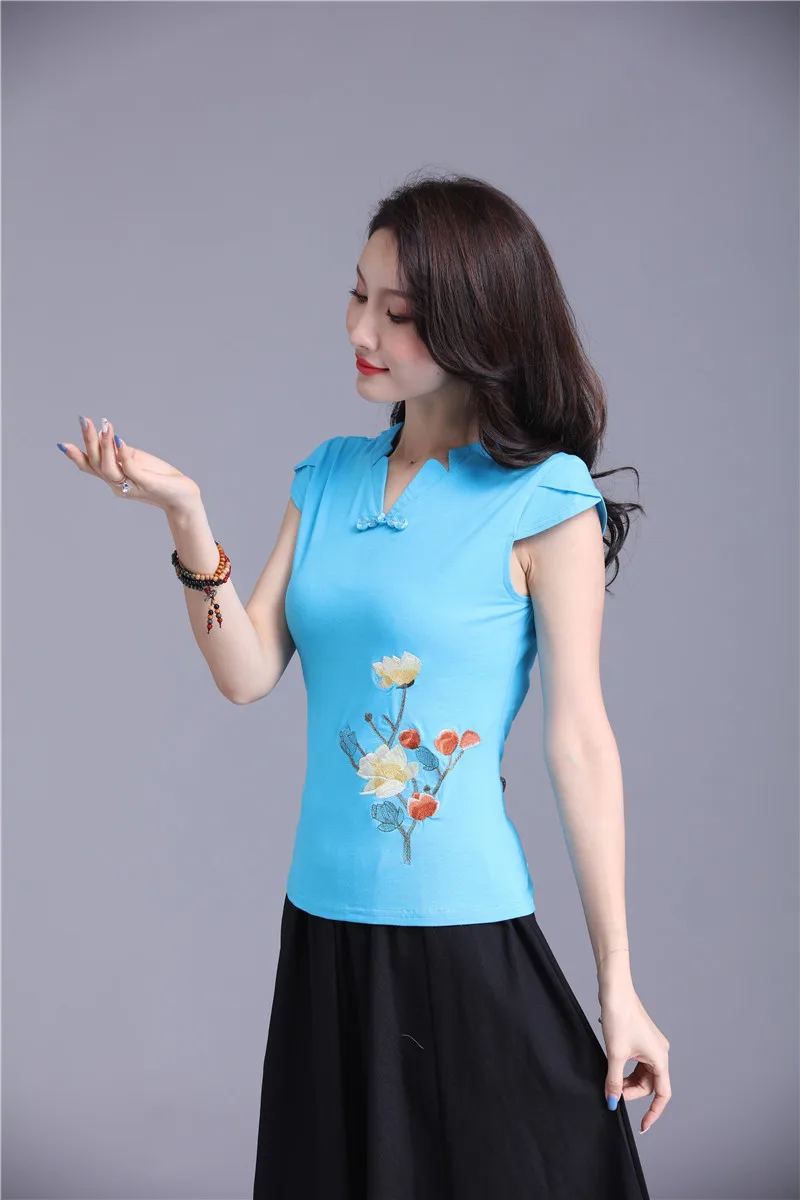 Ретро Вышивка с коротким рукавом Блузка Женский Китайский ветер подставка с воротником тонкий хлопок Топ 6XL черный белый