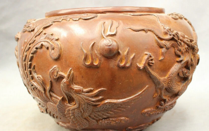 

S2759 10" Chinese Bronze Carved Flying Dragon Phoenix Statue Incense Burner Crock Jar D0318