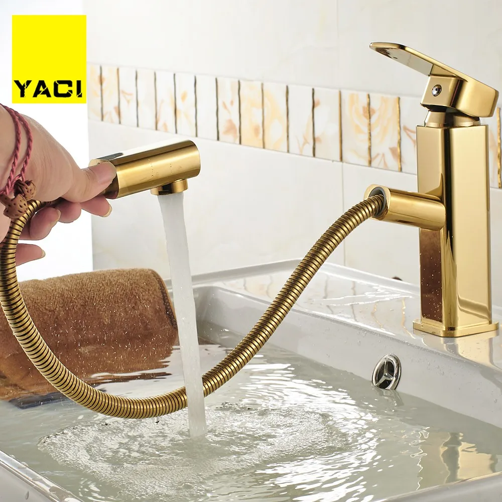 

Golden kitchen faucet rotate 360 degrees to pull out of the retro faucet Water-Saving Polished black Basin Crane Mixer Brass Tap