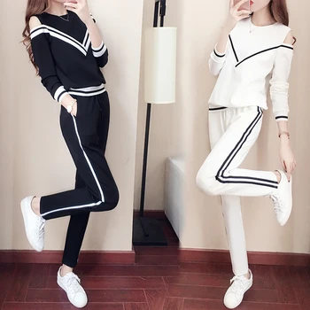 

Casual Fashionable Sweatshirt For Women Off Shoulder Thin Temperament Two Piece Set Top And Pants Brief Generous Women's Suit