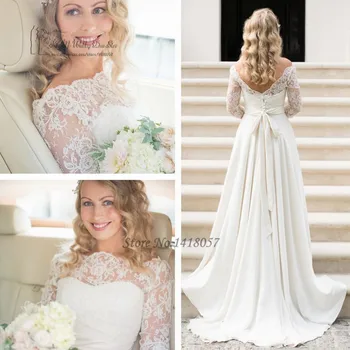 

Vintage Bohemian Wedding Dress Lace A Line Bride Dresses 2017 V Back 3/4 Sleeves Church Rustic Wedding Gowns Vestido de Noiva