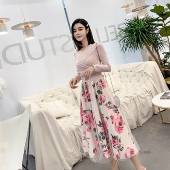 

New arrival Runway Elegant Women Sweet Cross Bowknot Crop Top T Shirt + Mesh Floral Tulle 2 Piece Set Long sleeve Skirts Suits