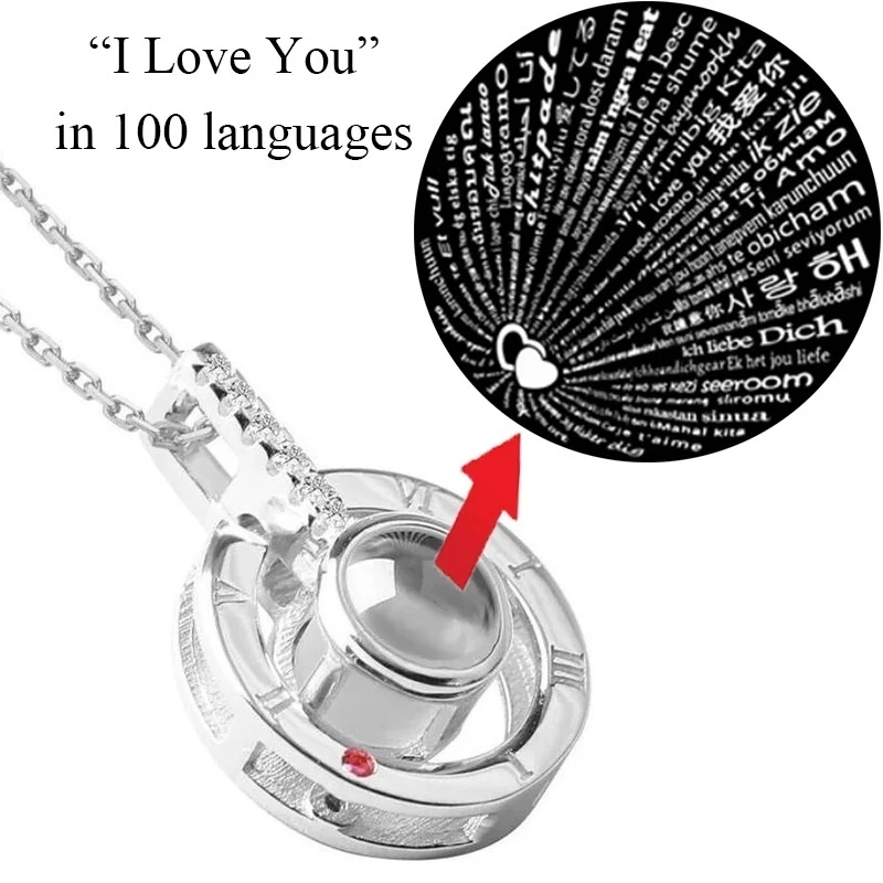 

2018 New Arrival Rose Gold&Silver 100 languages I love you Projection Pendant Necklace Romantic Love Memory Wedding Necklace bff