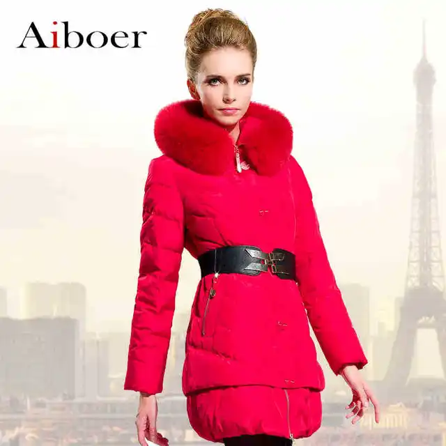 Best price at $186 Cheap 2015 Winter Thicken Warm Woman Down jacket Hooded Coat Parkas Outerwear Fox Fur collar Luxury Slim Mid Long Plus Size Belt