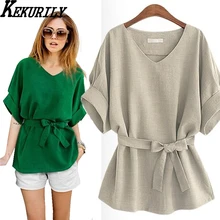 Summer soild linen tops ladies 3xl 4xl 5xl plus size women clothing Waist adjustment korean fashion office bow linen blouses