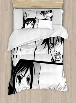 

Anime Duvet Cover Set Japanese Comics Strip with Boy and Girl Fight Scene Manga Image Cartoon Print 4 Piece Bedding Set