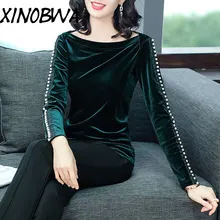 Европа Осень Женская мода свободные Slash с длинным рукавом Бисер велюр футболка топы дамы Повседневное Oversize футболки