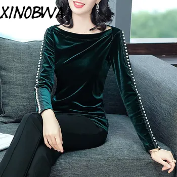 

Europe New 2018 Autumn Woman Fashion Loose Slash Neck Long Sleeve Beading Velour T Shirt Tops Ladies Casual Oversize Shirts Tees