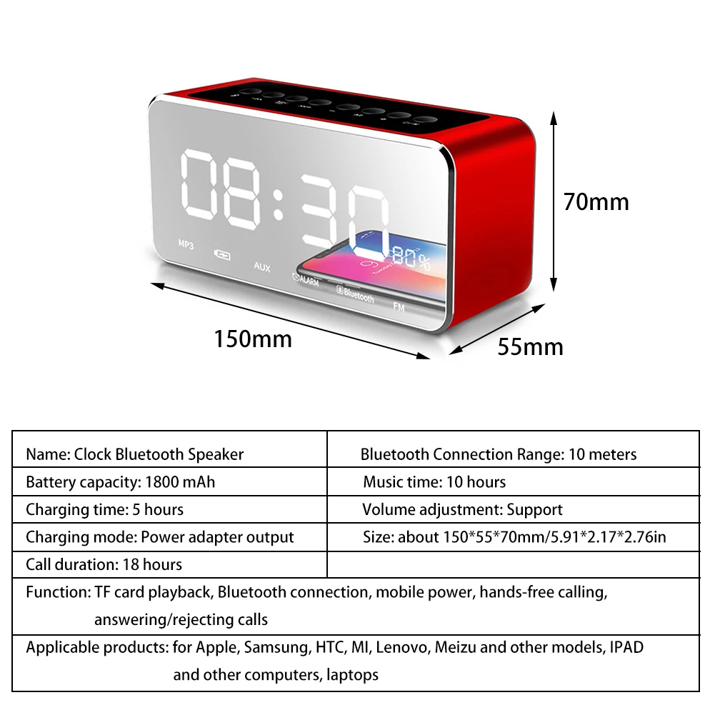 Беспроводной Bluetooth Динамик Зеркало часы-стикер Bluetooth аудио телефон сабвуфер с съёмная карта большой емкости батарея радио