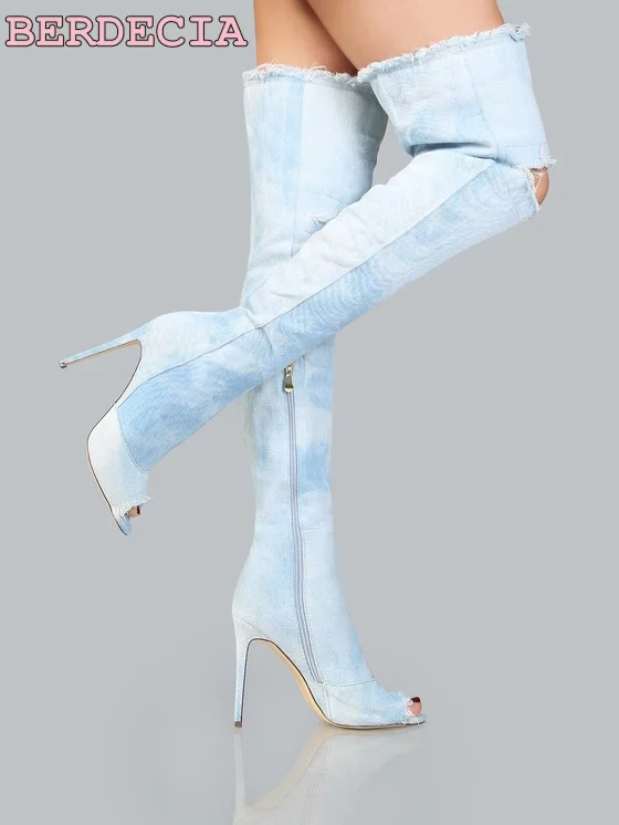 

Hot selling ladies sky blue cutouts denim boots woman over the knee high heel shoes sexy open toe thigh high boots for woman