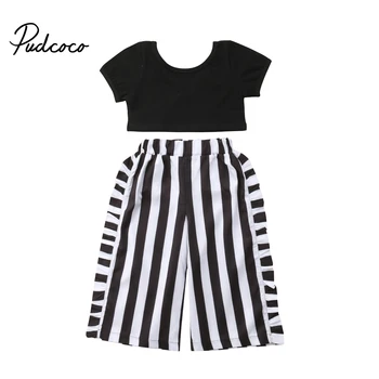 

1-6Y Toddler Kids Baby Girl Fashion Clothes Short Sleeve Black Crop Tops+Striped Wide Leg Pant Trouser 2PCS Outfits Clothing Set