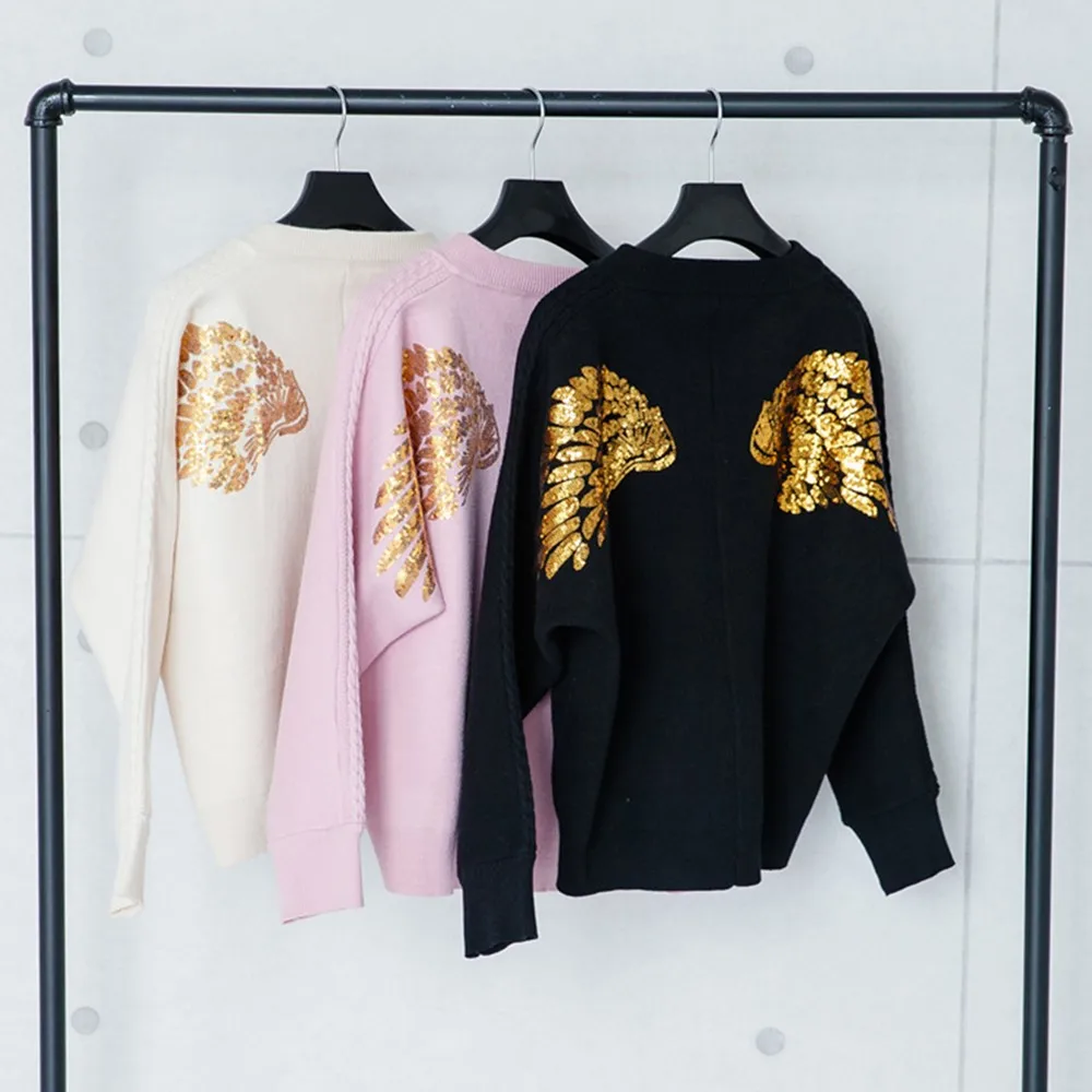 

GTGYFF Fall winter pink black beige warm knitted sweater jersey jumper jacket for women Sequin angle wing cardigans with zipper