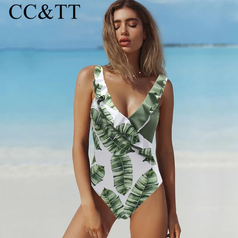 

CC&TT 2019 One Piece Swimsuit Female Sexy Deep V Swimwear Women Swimsuits Leaf Print Bathing Suits Summer Beachwear Monokini