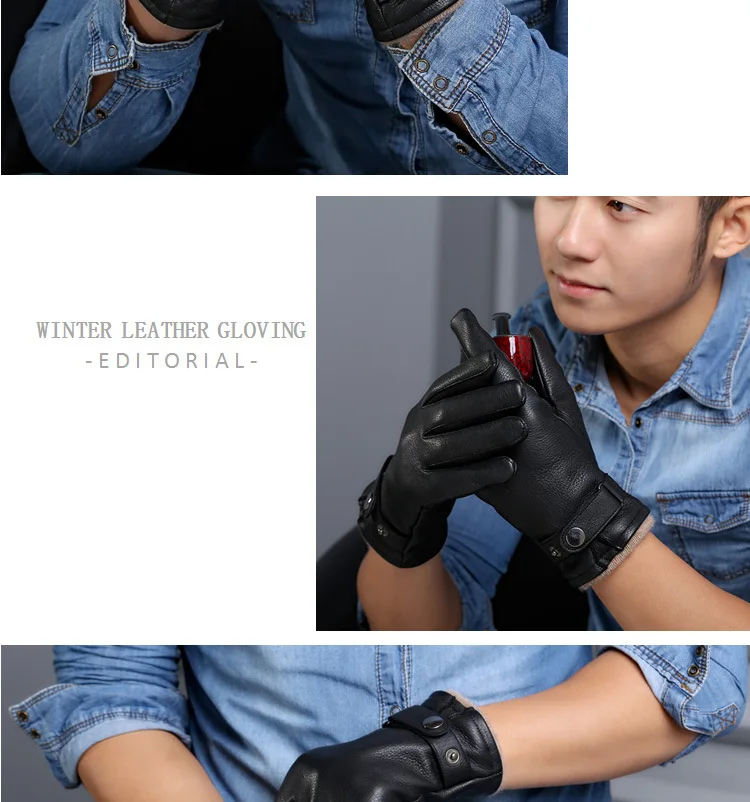 Натуральная кожа перчатки мужской высокое качество густые черные перчатки из оленьей кожи Классическая мода зима теплая шерсть трикотажные выстроились DQ107