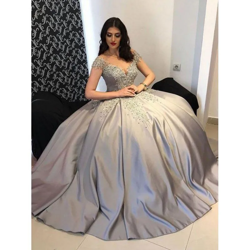 

Vintage Gray Abiye Evening Dresses Lace Beaded Pearls A-line Evening Gowns Plus Size Formal Drses 2019 Vestidos De Fiesta