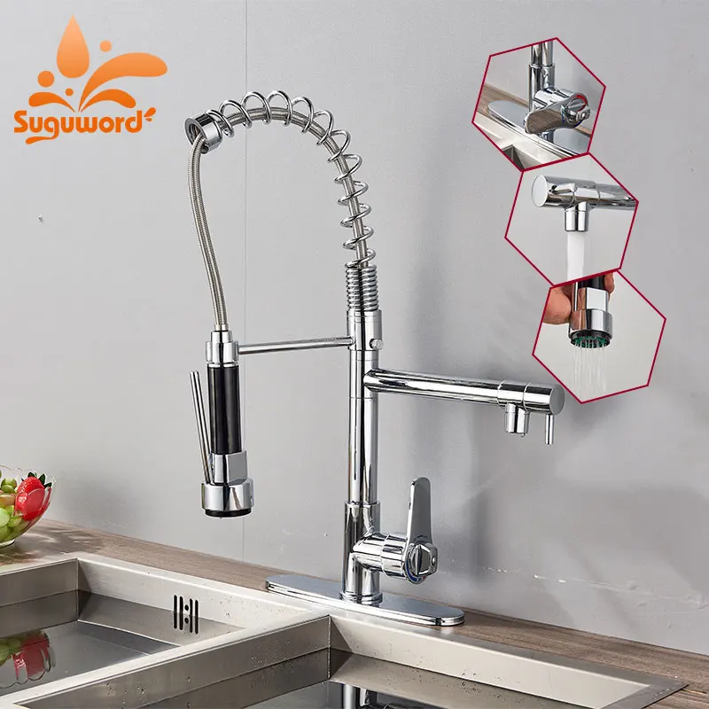 

Suguword Chrome Thermostatic Kitchen Spring Faucet with Hole Plate Cover Deck Mounted Single Handle one Hole Mixer Tap