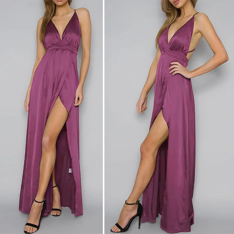 Chu Ni, элегантное сатиновое длинное платье с открытой спиной, женское вечернее летнее платье, вечерние, сексуальные, черные, красные, макси платья, Vestidos размера плюс XXL L35 - Цвет: Purple