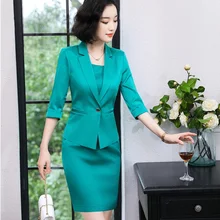 Новинка, зеленые однородные стили, летние женские деловые костюмы с коротким рукавом и платьем и пиджаками, женские офисные костюмы
