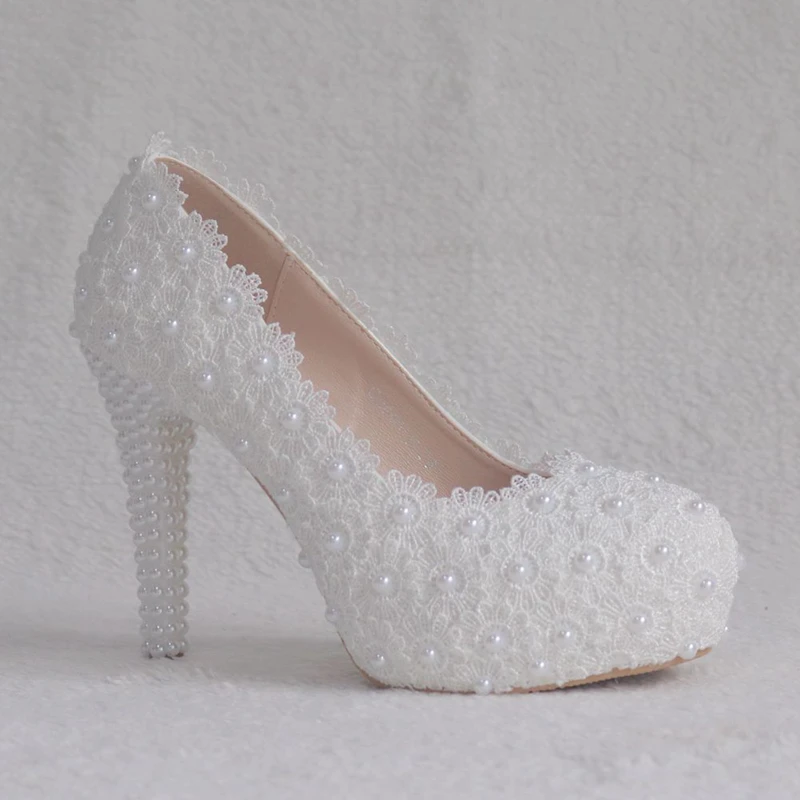 Dropshipping Pearls Crystal Flower Wedding Shoes Bride White Pearls Handmade Proms Dress Platforms Patty Pump Shoes XY-B0314
