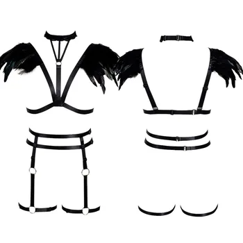 

Women Feather Top Cage Strappy Bra Shoulder Epaulette Shrug Plus Size Art Clothing Harajuku Boho Lingerie Garter Belt Dance Rave