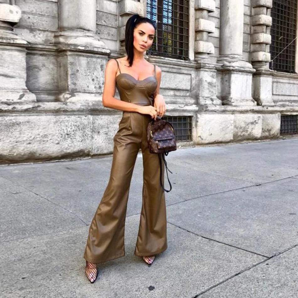 New Celebrity High Quality Non-slip Army Green Leather Loose Jumpsuit 2019 New Belt Decoration Sexy Fashion Party Jumpsuit