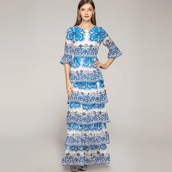 

Women's vintage dress New 2019 summer retro print flare sleeves layered dress high quality beading maxi dress A204