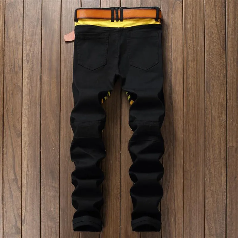 Mens Vintage Embellished Moto Pants Bling Coated Black Yellow Biker Jeans Slim Trousers,balmai pantalones hombre black  jeans