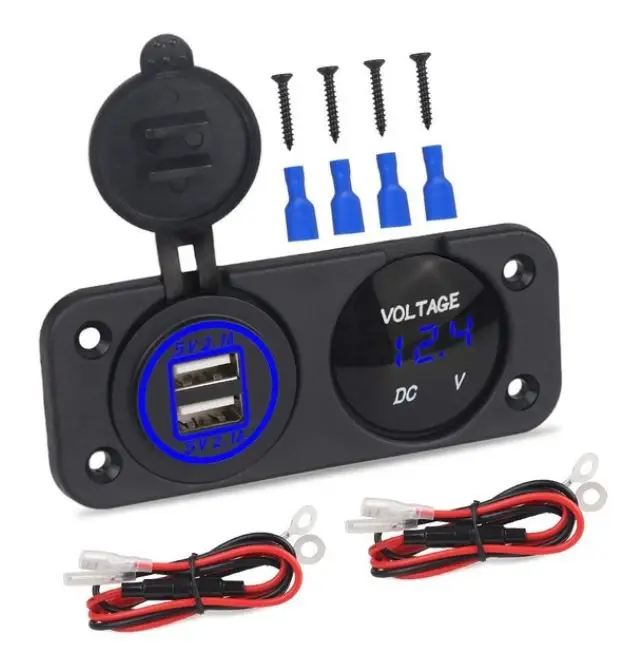 DIY Автомобильный вольтметр двойной USB зарядное устройство 4.2A розетка с двумя отверстиями панель Водонепроницаемая Крышка для автомобиля Мотоцикл лодка с кабелями 25 см - Название цвета: Blue