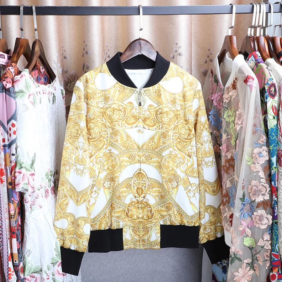 Куртка женская с длинным рукавом золотистого цвета принтом|Куртки| |