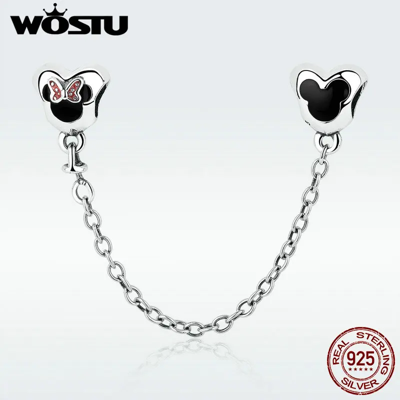 

New 925 Sterling Silver Cartoon Minnie & Miky Safety Chain Charm Fit Original WST Bracelet Pendant Authentic Fine Jewelry