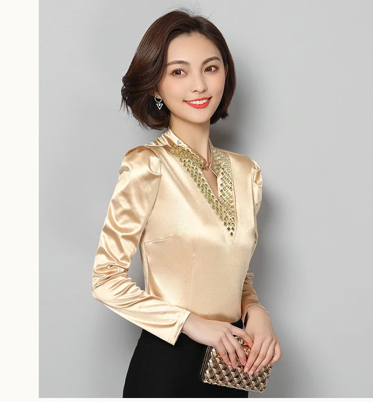 FGLAC женские блузки модная блуза с длинным рукавом Элегантная тонкая с v-образным вырезом однотонная майка с бриллиантами размера плюс женские топы blusas