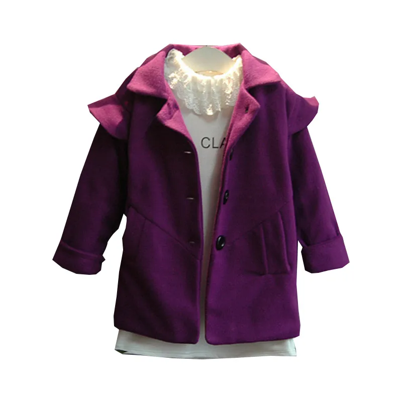 Autumn Winter Baby Girl Wool Coat England Style Long Sleeve Turn Down Collar Purple Children