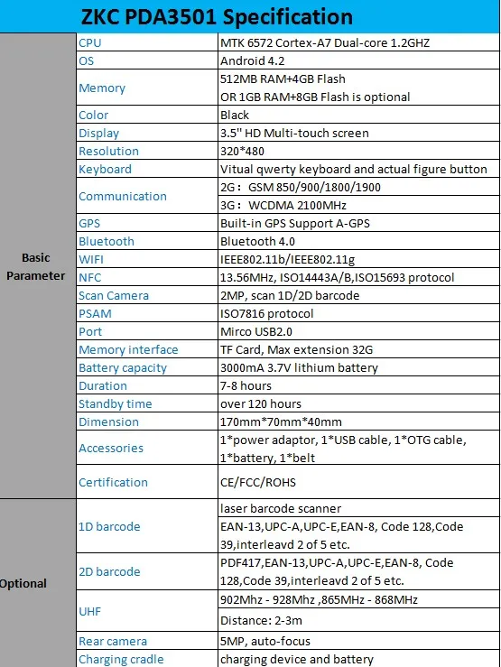 ZKC PDA3501 3g WiFi NFC/RFID GPRS КПК на базе Android сканер штрих-кодов