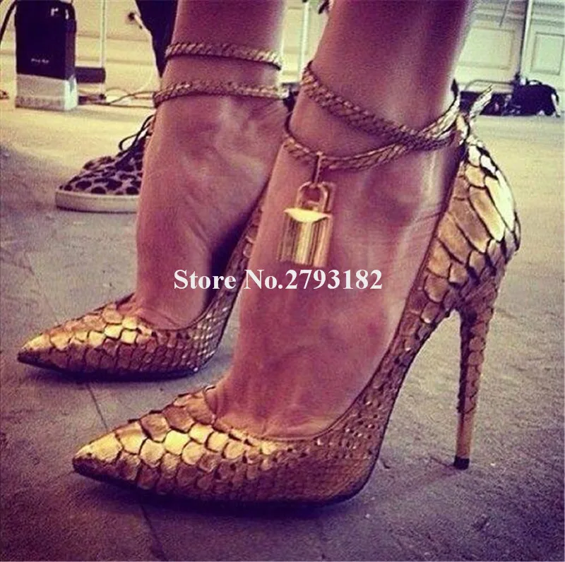 Brand Design Women Fashion Pointed Gold Pattern Leather Lock Pumps Ankle Straps Thin Heel Pink High Heels Dress Shoes | Обувь