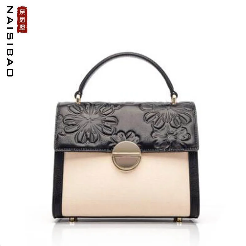 

NAiSIBAO 2019 New top Cowhide women women genuine Leather bag Cowhide Embossed with canvas bag women leather shoulder bag