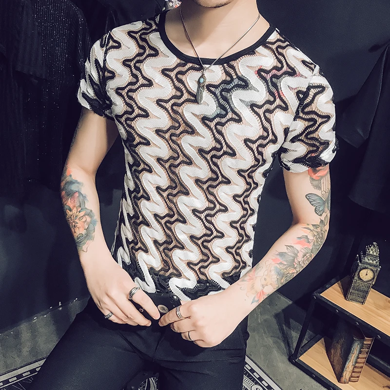 Verano superior raya camisetas para hombre elástico apretado camisetas personalizada slim fit transparente camiseta Homme 2018 moda Club Verano superior raya camisetas para hombre elástico apretado camisetas personalizada slim fit transparente camiseta Homme 2018 moda Club