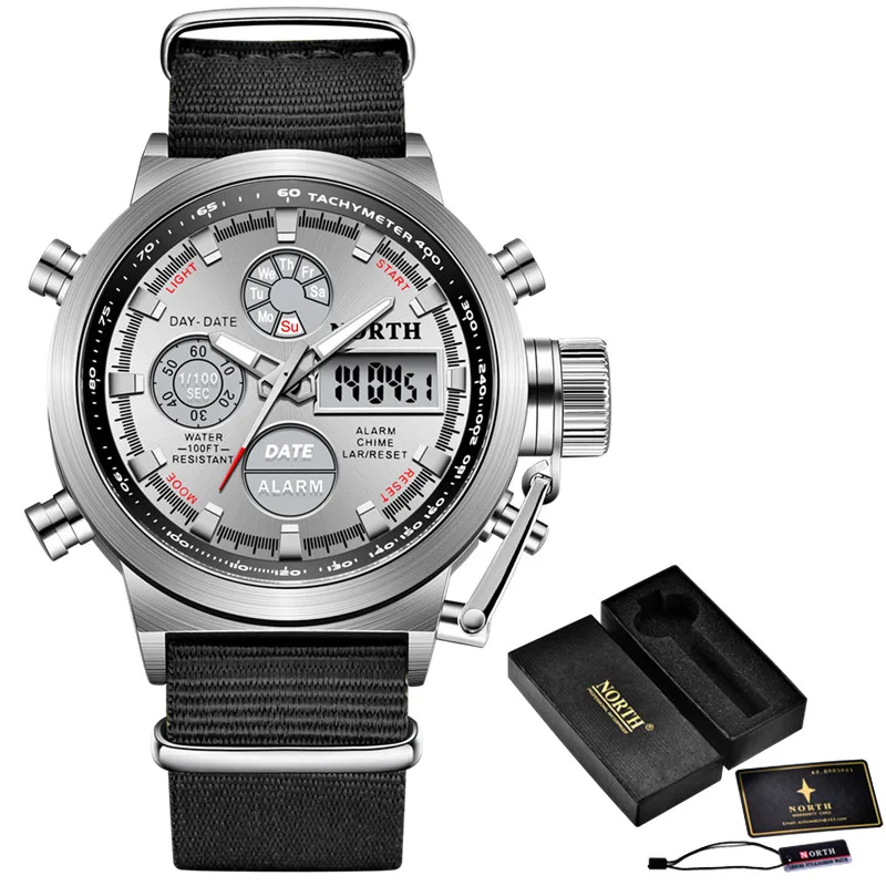 NORTH спортивные часы мужские военные кварцевые часы для мужчин аналоговые светодиодные цифровые кожаные нейлоновые мужские часы повседневные водонепроницаемые наручные часы - Цвет: NL Black White Box