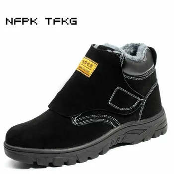 

plus size mens casual steel toe caps work safety winter cotton-padded shoes soft leather warm plush ankle snow boots protection