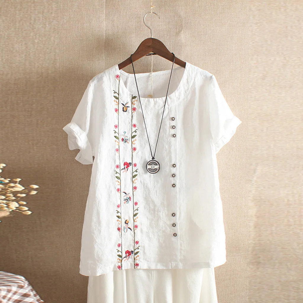 

Feitong Women Elegant Bohemian Blouse Ladies Summer Floral Embroidered Short Sleeve Loose Shirt Womens Tops And Blouses 2019 New