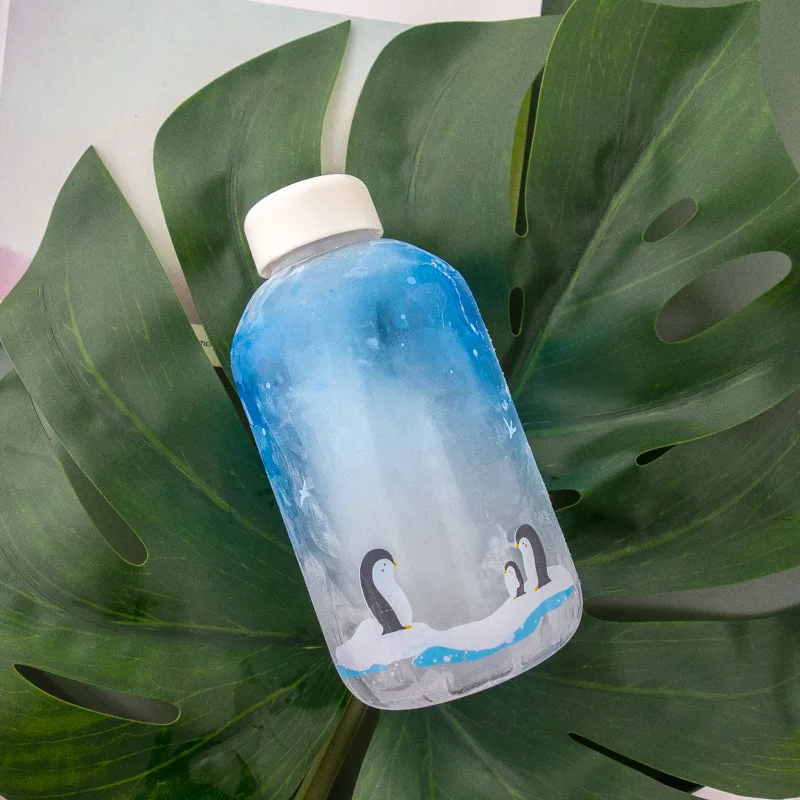

550ml Fashion Gradient Transparent Penguin Glass Water Bottle Couple Student Travel Cup Fruit Lemon Juice Drinkware For Gift