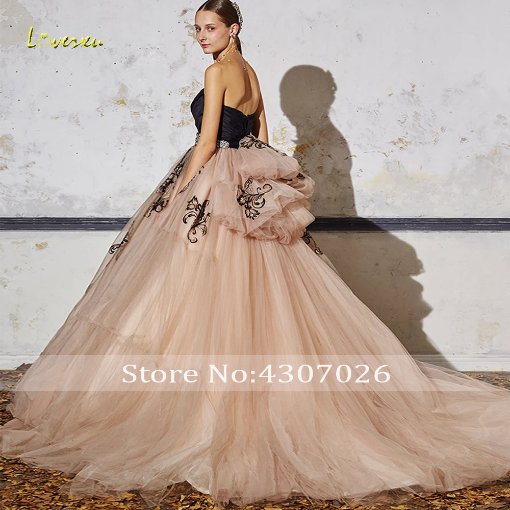 Loverxu Dreamy вечернее платье без бретелей пышные платья шикарная аппликация без рукавов с коротким Шлейфом Тюль Вечерние платья для выпускного вечера контрастный цвет