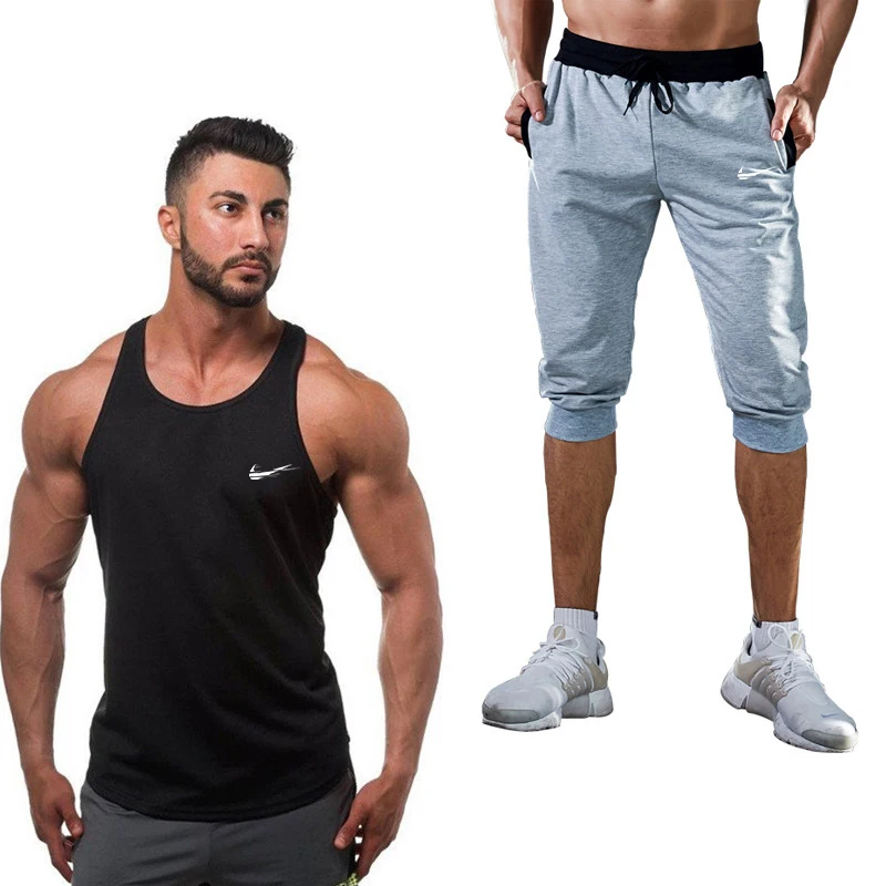 2019 new fashion single line backpack bodybuilding stringer vest casual tank vest men's Bermuda shorts new stitching shorts