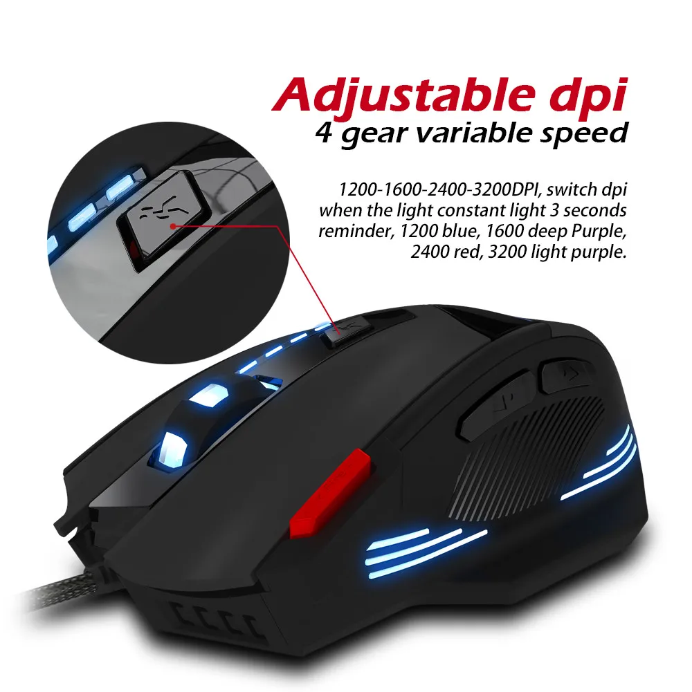 7 Buttons USB Wired Gaming Mouse Adjustable 1000//1600//2400//3200 DPI LED Light